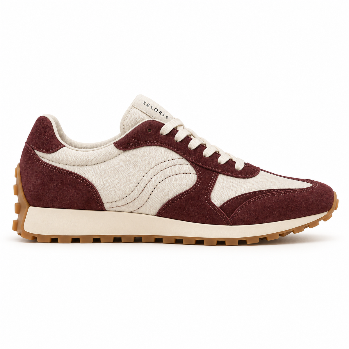 Concept Seloria Rétro Bordeaux e avorio: sneaker vista laterale su fondo bianco