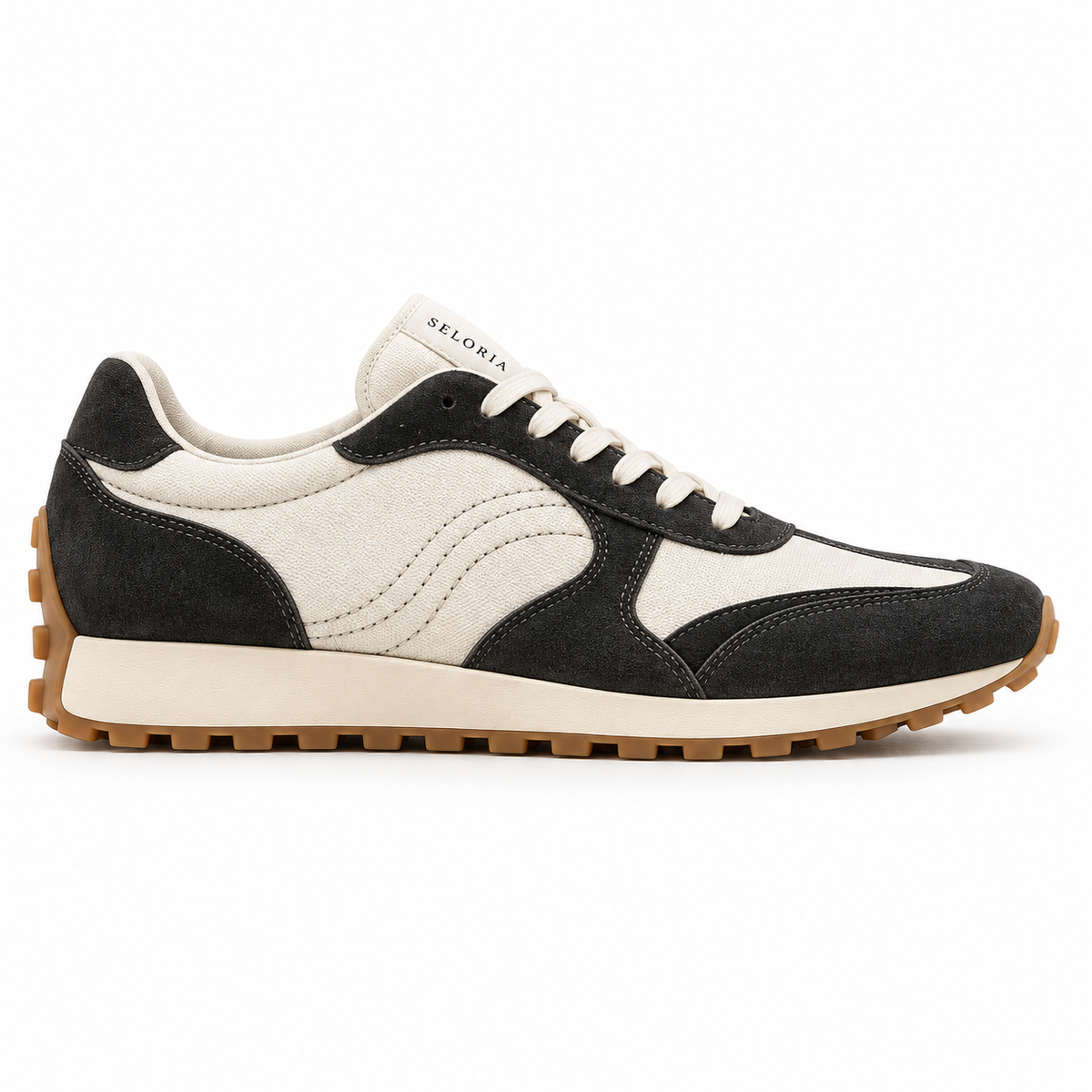 Concept Seloria Rétro Nero e avorio: sneaker vista laterale su fondo bianco