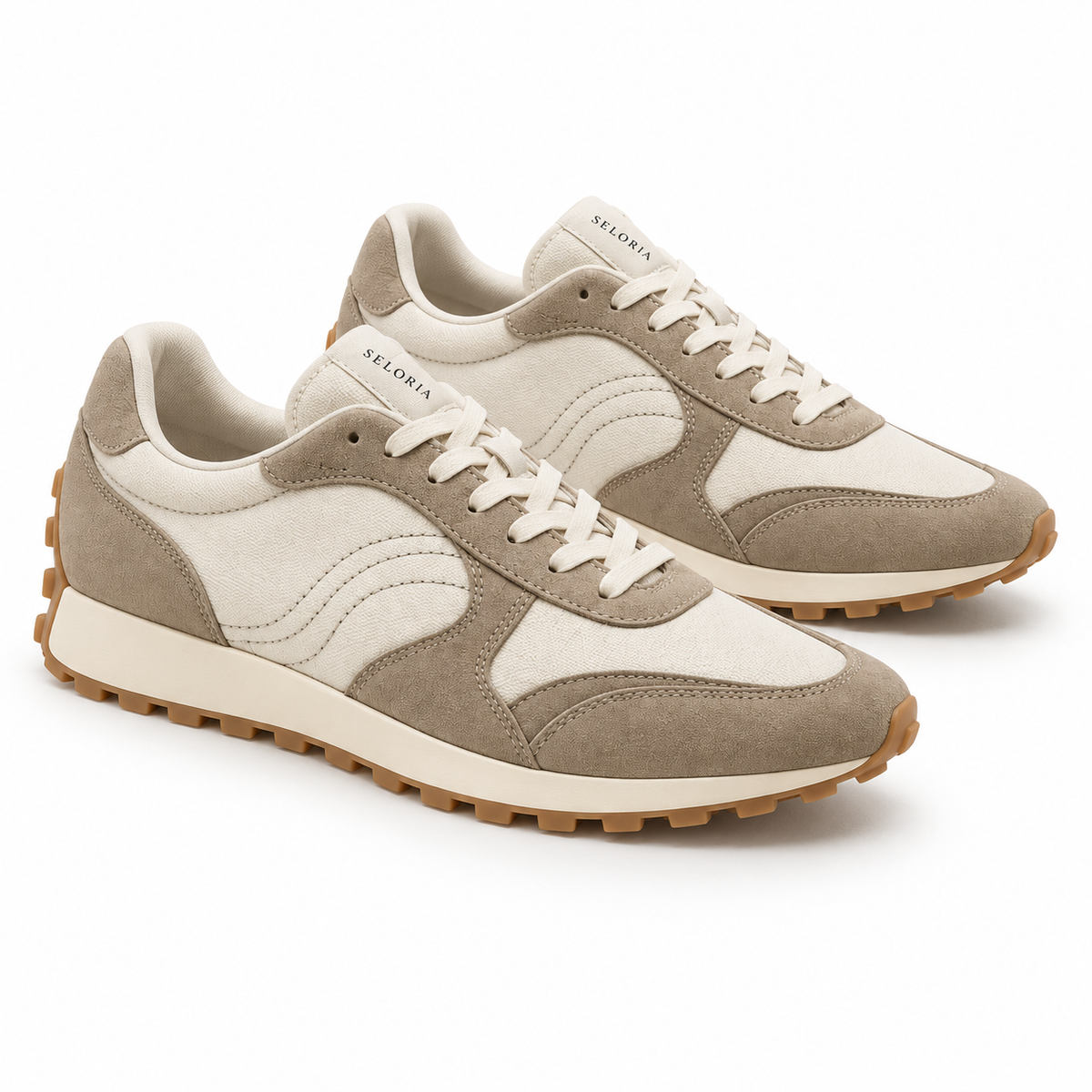 Concept Seloria Rétro Sabbia e avorio: coppia di sneaker vista di tre quarti su fondo bianco